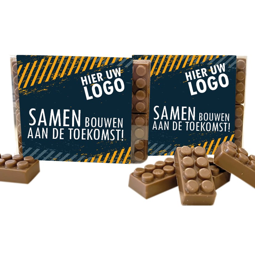 Doosje met 10 chocolade bouwblokjes inclusief banderol
